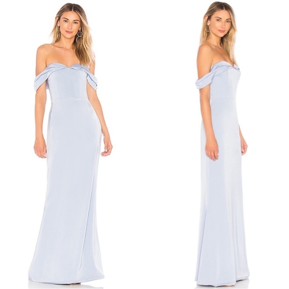 MWT Lover's + Friends Hadid Pale Blue Off the Shoulder Satin Maxi Gown Medium